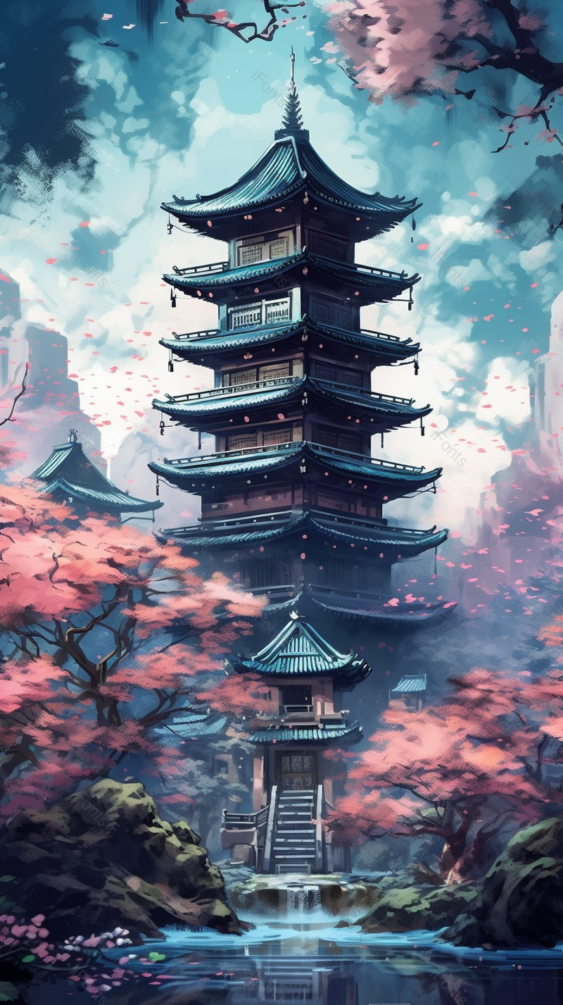 桃树山中寺庙风景手绘,插画/手绘图,插画/手绘图库,插画/手绘图下载,插画/手绘